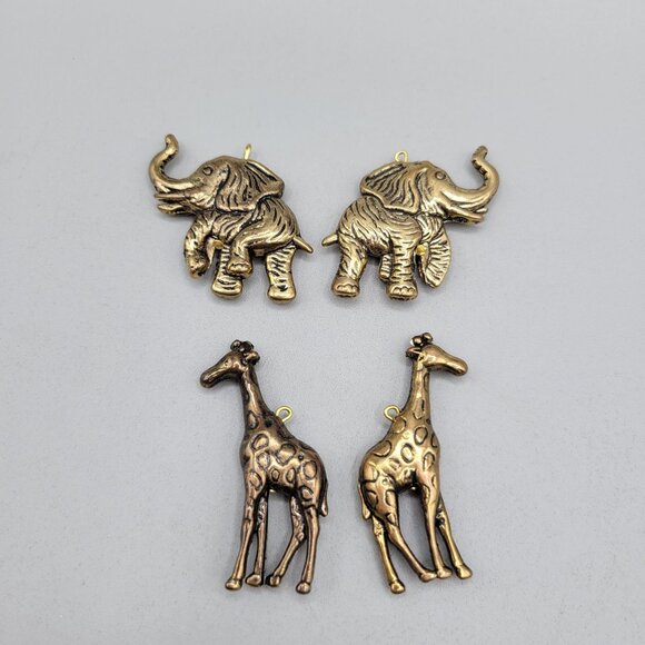 Brass Giraffe and Elephant Charms Pendants Set Of 4 - Picture 2 of 5